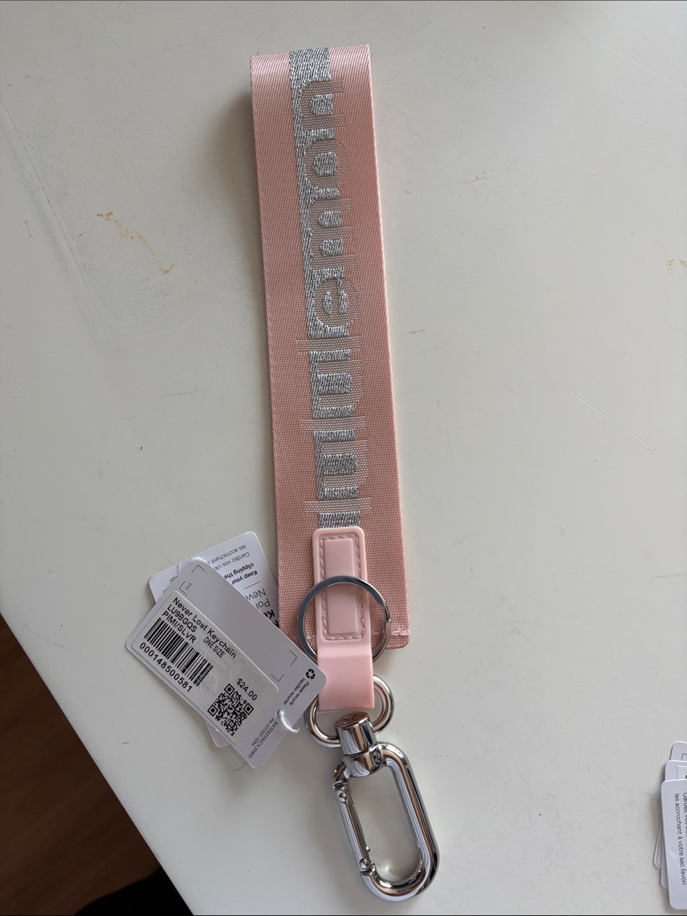 lululemon athletica Pink Logo Wrist Strap Key Holder with Silver Hardware